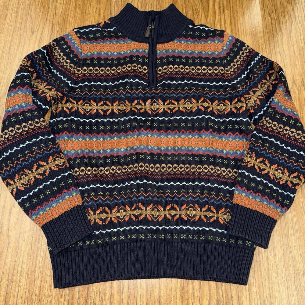 Vintage LL Bean Sweater 1/4 Zip Geometric Nordic Blue Size Small - Picture 2 of 6